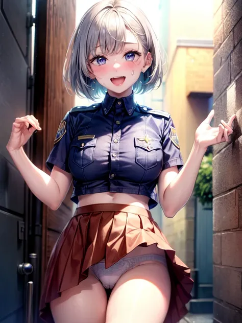 ((highest quality)), ((masterpiece)), ((Perfect Face))、((Cowboy Shot))、((the skirt is rolled up))、((exposing underwear))、Silver Hair、bob hair、orgasm、Flushed face、Sweaty all over、Ahegao、Police Officer