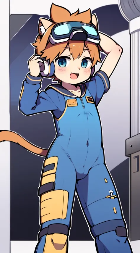 2D Boy Shota，One-piece mountaineering suit，Slim, healthy body，Put the headphones on your head，stand up，goggles，Cat ear，happy，Sailor collar，Lovely，Love，Short sleeve