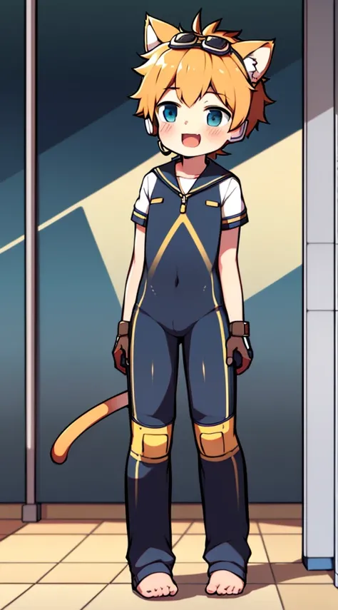 2D Boy Shota，One-piece mountaineering suit，Slim, healthy body，Put the headphones on your head，stand up，goggles，Cat ear，happy，Sailor collar，Lovely，Love，Short sleeve