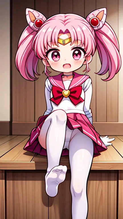 Sailor Moon，young年，Seven years old，cute，（Little Loli），Pink hair twintails，short hair，Sailor Suit，Red bow，White elbow gloves，Red Skirt，No shoes，Open your mouth，laughing out loud，Fangs，(White pantyhose),soles of feet，Soles，(young)，(little man)，sit