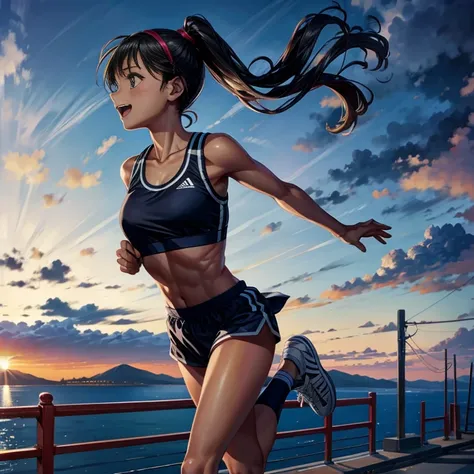 (Highest quality, Masterpiece), (Beautiful Japanese girl, 11 years old), ponytail, smile, sport girl, medium breasts,sport bra, full body, running girl,