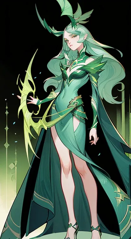 1 beautiful woman，A Necromancer，Green clothing，standing full-body，solo，Clear facial features，Simple line design，Reasonable hands，(tmasterpiece，top Quority，best qualtiy，Ultra-high resolution，Clear facial features，beautidful eyes，beauitful face)