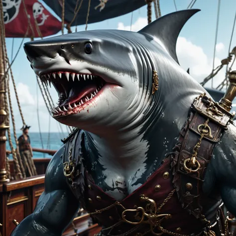 ultra realistic photo, fantasy character portrait of a shark pirate standing on his pirate ship, the shark pirate is very muscular and highly detailed, its teeth is dripping blood, high resolution, dramatic lighting, 8k, intricate ornate details, pirate sh...