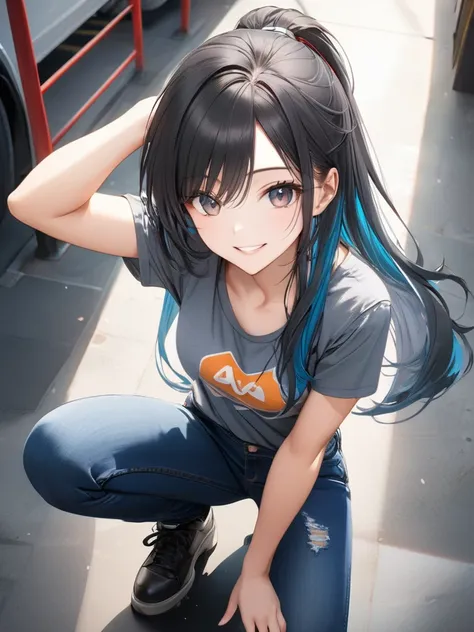 (full body:1.2), from above, (masterpiece:1.4), (best quality:1.3),(ultra detailed:1.4),(extremely detailed),(absolutely resolution:1.3) ,absurdres,8k, 1girl, grin, ultra detailed eyes, long hair, multicolored hair, tanktops, jeans, squatting, waving hands...