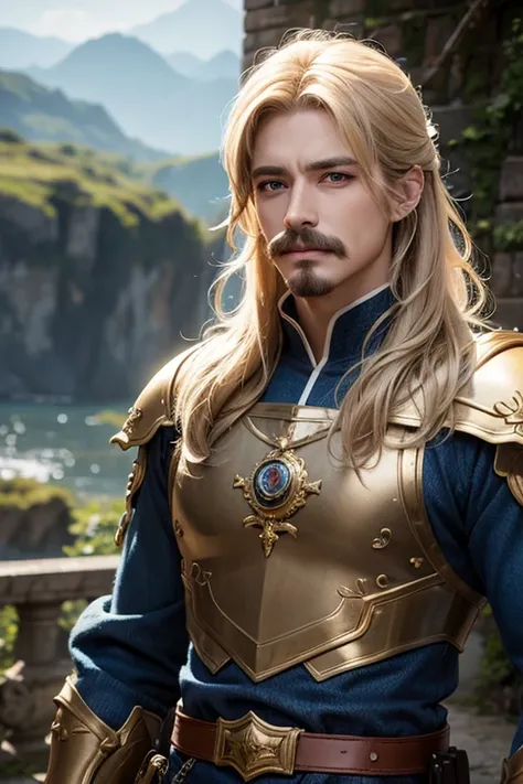 An 8k masterpiece, highest resolution, every detail, meticulous detail, depth of field, bright colors, beautiful composition: fantasy character Prince impresses with his blonde hair and glowing,with mustache, eyes Beautifully detailed, a fantasy castle bac...