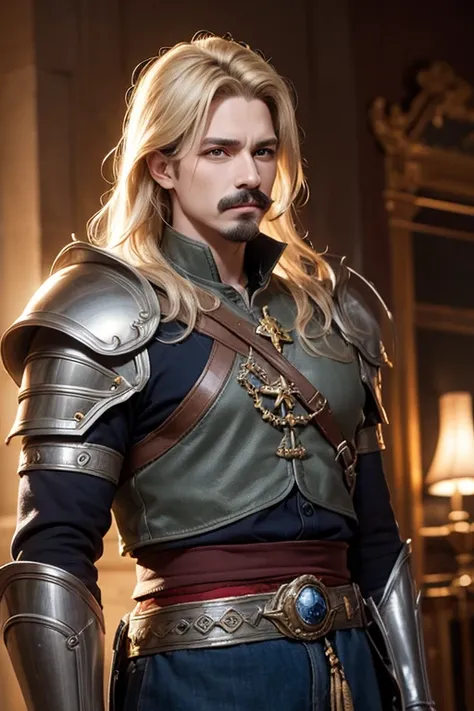 An 8k masterpiece, highest resolution, every detail, meticulous detail, depth of field, bright colors, beautiful composition: fantasy character Prince impresses with his blonde hair and glowing,with mustache, eyes Beautifully detailed, a fantasy castle bac...