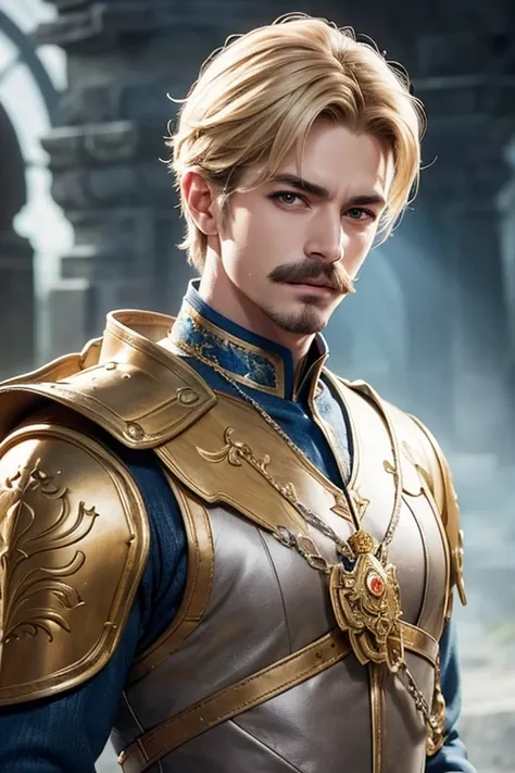 An 8k masterpiece, highest resolution, every detail, meticulous detail, depth of field, bright colors, beautiful composition: fantasy character Prince impresses with his blonde hair and glowing,with mustache, eyes Beautifully detailed, a fantasy castle bac...