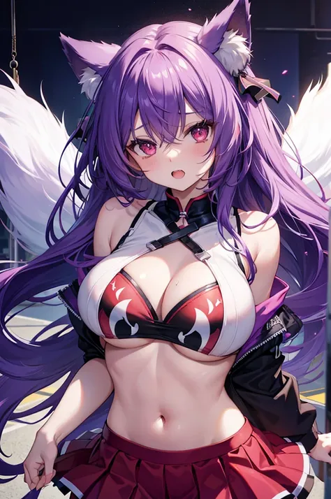 Fox Girl, Large Breasts, Voluminous purple hair, masterpiece , Red eyes, hd, Head to Chest, buried in my chest、Underboob、Double teeth、tooth、Cheerleader、straddling