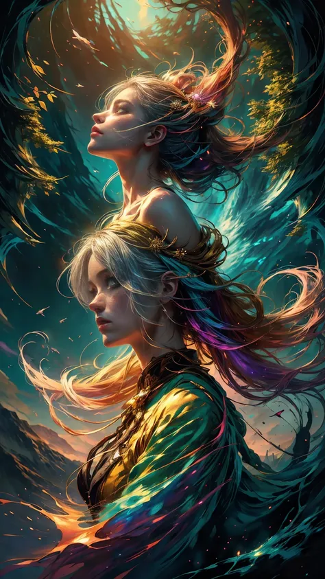 A beautiful Woman, anime style. walking through a vibrant wonderland. The playful scene is captured in a digital painting, showcasing the womans rainbow mane and sparkling, golden horn. Every tree and mountain in the landscape is meticulously rendered, fro...