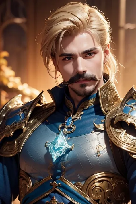 An 8k masterpiece, highest resolution, every detail, meticulous detail, depth of field, bright colors, beautiful composition: fantasy character Prince impresses with his blonde undercut hair and glowing,with mustache, eyes Beautifully detailed, a fantasy c...