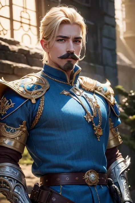 An 8k masterpiece, highest resolution, every detail, meticulous detail, depth of field, bright colors, beautiful composition: fantasy character Prince impresses with his blonde undercut hair and glowing,with mustache, eyes Beautifully detailed, a fantasy c...