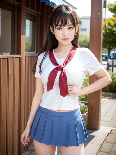 high school girl、Wearing 、、Wearing an armband、Japanese women,（whole body）、17 years old、Wearing a miniskirt、Healthy thighs、Even bangs、 Very beautiful face,  Beautiful girls, Beautiful realistic face,  