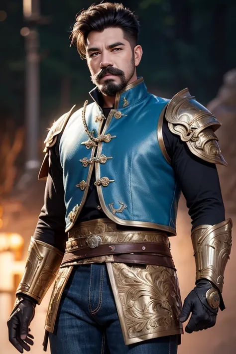 An 8k masterpiece, highest resolution, every detail, meticulous detail, depth of field, bright colors, beautiful composition: 1man with mustache,black undercut hair,armor and jeans,blue gloves,abstract background.