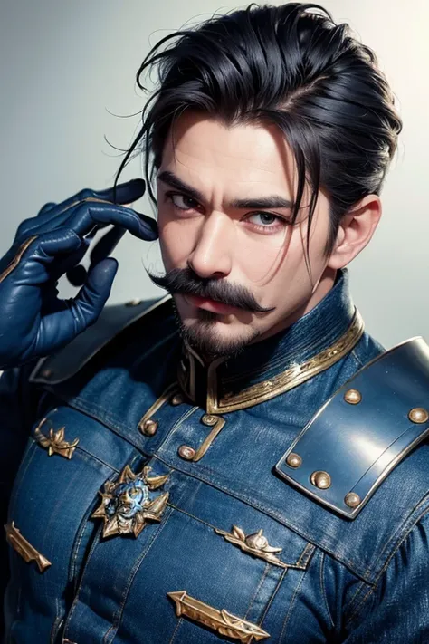 An 8k masterpiece, highest resolution, every detail, meticulous detail, depth of field, bright colors, beautiful composition: 1man with mustache,black undercut hair,armor and jeans,blue gloves,abstract background.