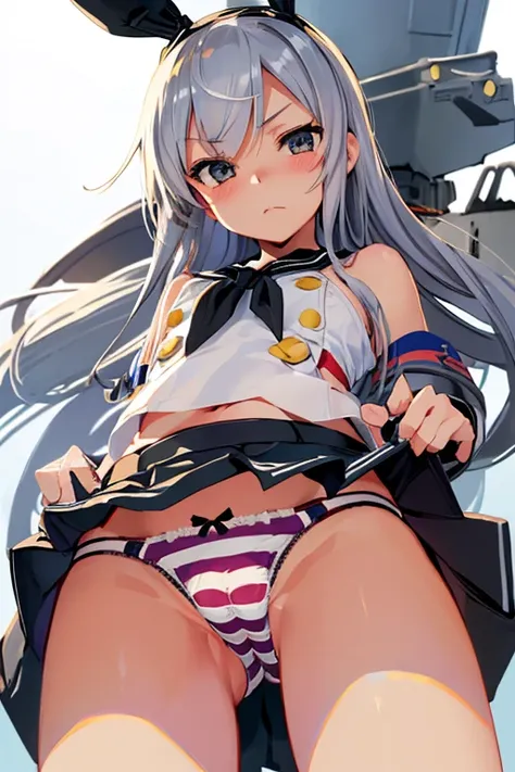 masterpiece, best quality, ultra detailed, ((striped panties)), (cowboy shot, crotch is close-up:1.2, ground-level, from below, mini skirt, KanColle Shimakaze, from front),