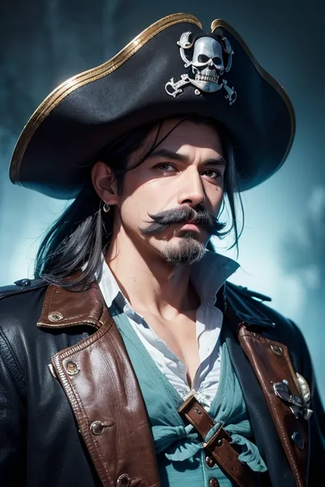 An 8k masterpiece, highest resolution, every detail, meticulous detail, depth of field, bright colors, beautiful composition: 1man with mustache,black undercut hair,pirate clothes,pirate hat,earings,blue gloves,abstract background.