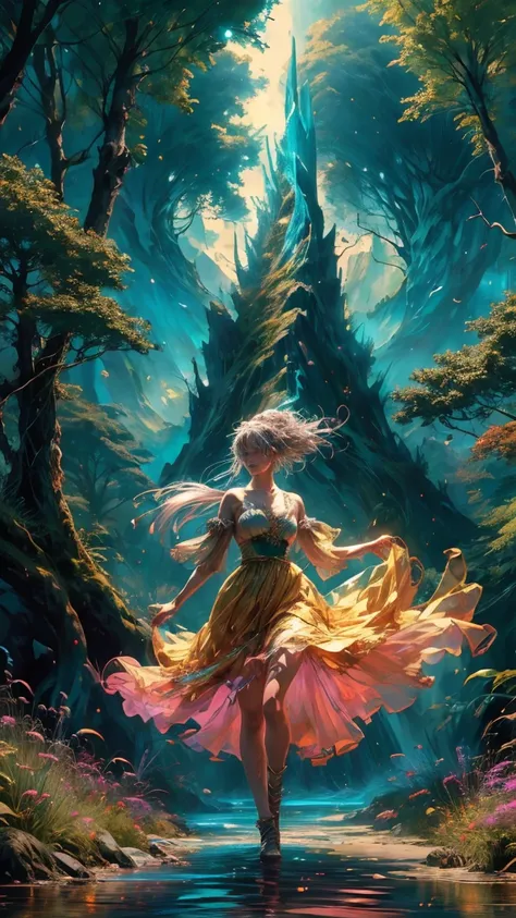 a beautiful woman, anime style. walking through a vibrant wonderland. the playful scene is captured in a digital painting, showc...