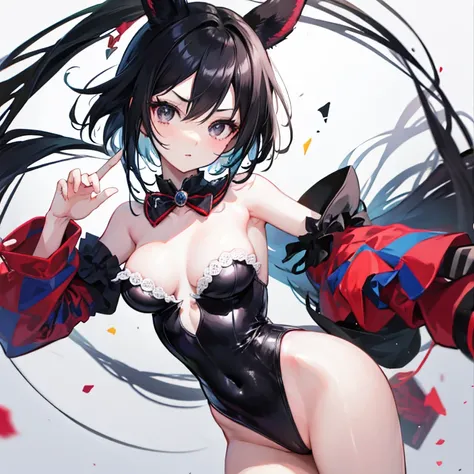 black hair anime girl, black eyes, sarcastic expression, wearing a circus jester clothes