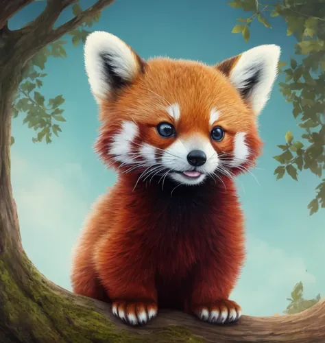 The baby red panda seemed suddenly startled by something...、Stand up on your hind legs。With round eyes wide open、My ears stand straight up。, Adorable digital painting, Cute and intricate digital art, Fox, Cute and detailed artwork, Cute digital art, Cute R...