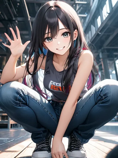 (full body:1.1), from below, (masterpiece:1.2)), (best quality),(ultra detailed),(extremely detailed),(absolutely resolution) ,absurdres,8k, 1girl, grin, ultra detailed eyes, long hair, multicolored hair, tanktops, jeans, squatting, waving hands,