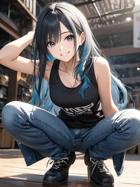 (full body:1.1), from below, (masterpiece:1.2)), (best quality),(ultra detailed),(extremely detailed),(absolutely resolution) ,absurdres,8k, 1girl, grin, ultra detailed eyes, long hair, multicolored hair, tanktops, jeans, squatting, waving hands,