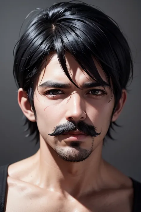 An 8k masterpiece, highest resolution, every detail, meticulous detail, depth of field, bright colors, beautiful composition,realistic skin,: 1man with mustache,emo,black hair,emo hair,gorillaz art,.