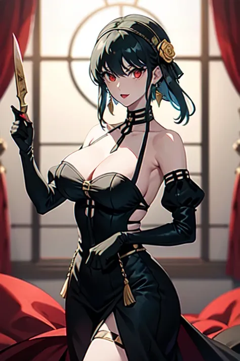 masterpiece, yor, 1girl, solo, long hair, looking at viewer, large breasts, black hair, hair ornament, red eyes, gloves, dress, holding, bare shoulders, jewelry, weapon, flower, sidelocks, hairband, earrings, black gloves, hair flower, fingerless gloves, h...