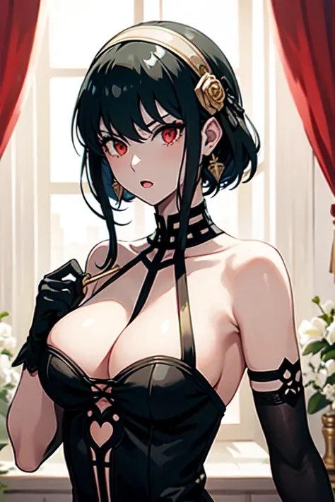 masterpiece, yor, 1girl, solo, long hair, looking at viewer, large breasts, black hair, hair ornament, red eyes, gloves, dress, holding, bare shoulders, jewelry, weapon, flower, sidelocks, hairband, earrings, black gloves, hair flower, fingerless gloves, h...