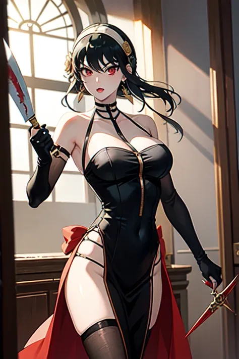 masterpiece, yor, 1girl, solo, long hair, looking at viewer, large breasts, black hair, hair ornament, red eyes, gloves, dress, holding, bare shoulders, jewelry, weapon, flower, sidelocks, hairband, earrings, black gloves, hair flower, fingerless gloves, h...