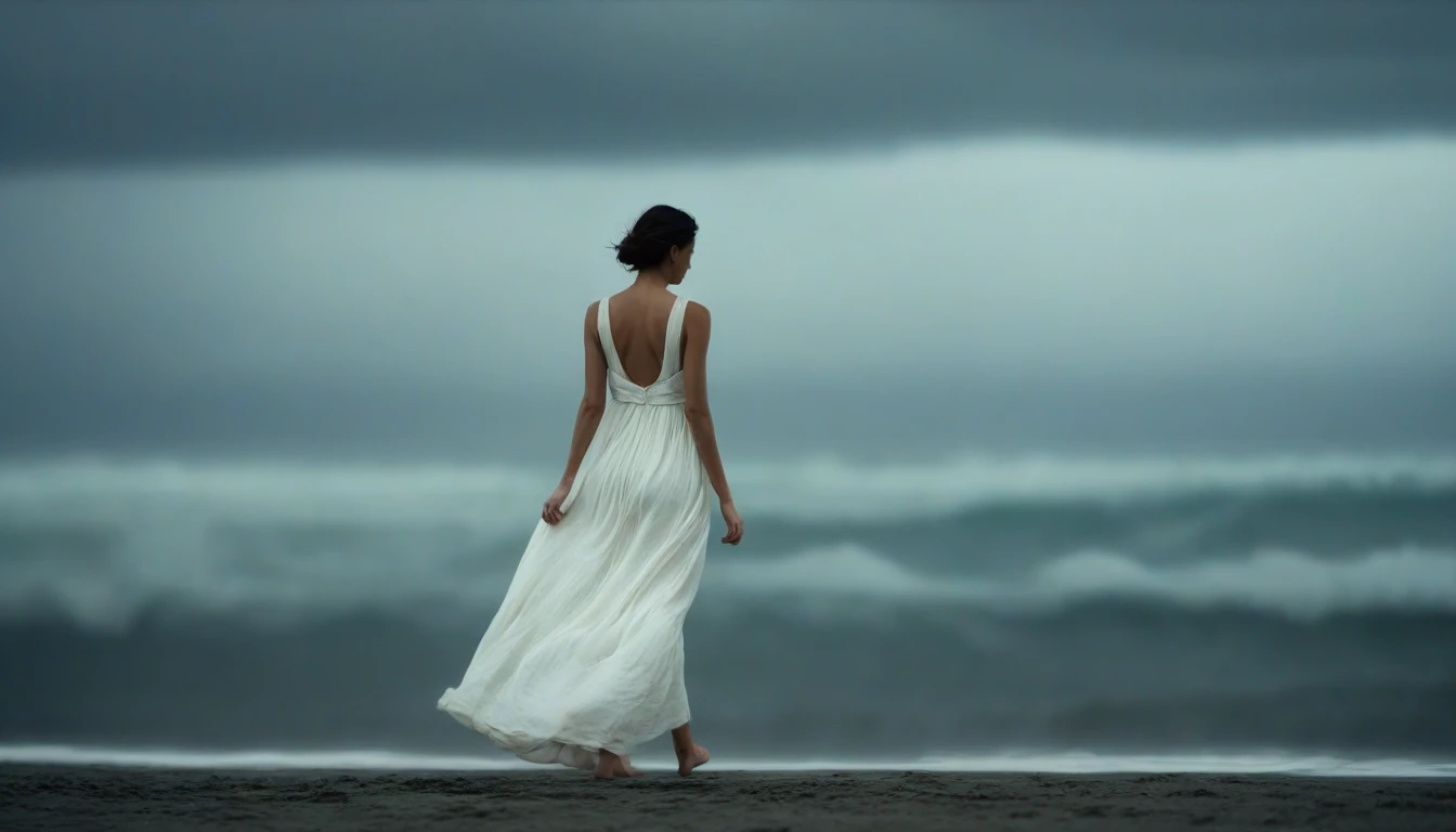 A lonely woman in a long white dress, backwards, walking in the distance, in a stormy rainy beach,dark clouds,delicate detailing,subtle texture,soft-focus effect,soft shadows,minimalist aesthetic,gentle illumination,elegant simplicity,serene composition ti...