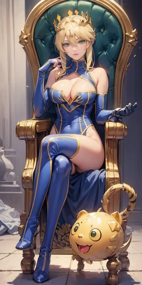 Lancer Artoria, elegant adult female, blonde, green eyes, (yellow eyelashes), crown, turtleneck, cleavage cutout, sleeveless, blue leotard, elbow gloves, gauntlets, blue thigh, elegantly (sit on throne), throne room, close-up protrait, high resolution, ext...