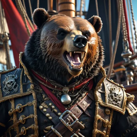 ultra realistic photo, fantasy character portrait of a Bear pirate with big fearsome teeth standing on his pirate ship, the Bear pirate is very muscular and highly detailed, its very armoured, high resolution, dramatic lighting, 8k, intricate ornate detail...