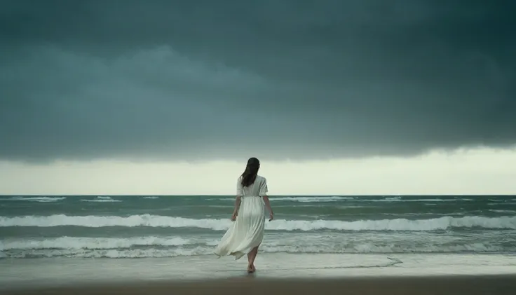 A lonely woman in a long white dress, backwards, walking in the distance, in a stormy rainy beach,dark clouds,delicate detailing,subtle texture,soft-focus effect,soft shadows,minimalist aesthetic,gentle illumination,elegant simplicity,serene composition ti...