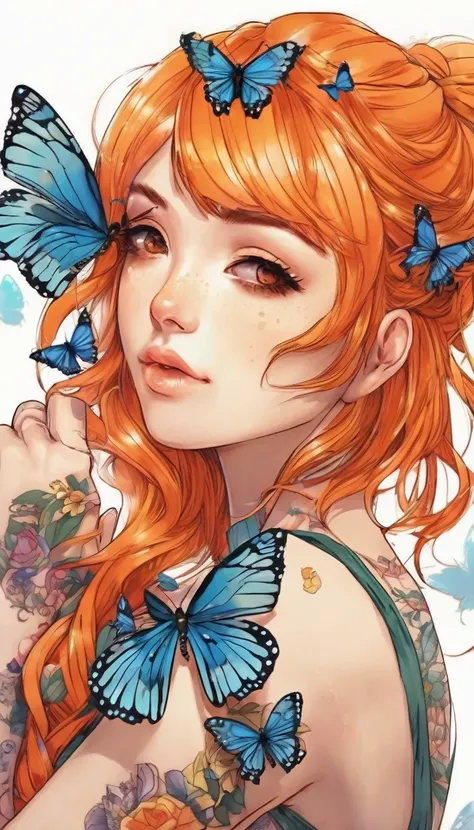  A beautiful orange-haired anime girl with a butterfly tattoo on her arm.