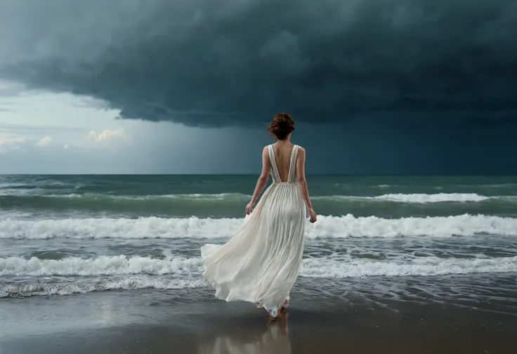 A lonely woman in a long white dress, backwards, walking in the distance, in a stormy rainy beach,dark clouds,on golden hour, delicate detailing,subtle texture,soft-focus effect,soft shadows,minimalist aesthetic,gentle illumination,elegant simplicity,seren...