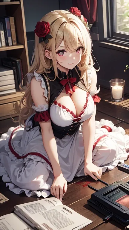 最high quality、best image quality、masterpiece、girl((18-year-old、 By becoming、vest bust、medium bust,wide open breast tea、red glowing eyes, blonde、messy hair、long hair、thin,highest valley、Show the whole body、white dress、long skirt、open chest、White wristband、r...