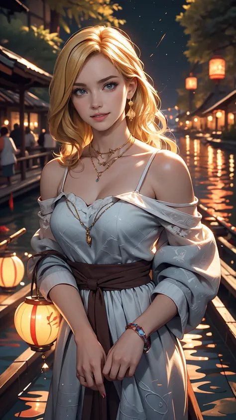 ((最high quality, 8K, masterpiece: 1.3, Ultra HD, high quality, 最high quality, High resolution, realism)) 、A 22-year-old extremely beautiful white woman、Hair color blonde、blue eyeedium Hair、Straight Hair、smile、Slender but well-proportioned body、Background b...