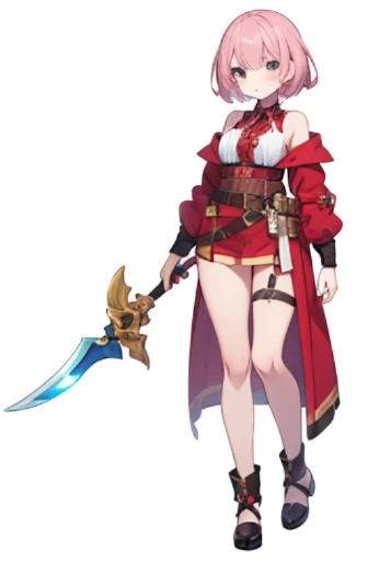 (stand posture), cute eyes, adult woman,, solo, high fantasy outfits, ((white background)), (full body), holding weapon, belt, character design,
