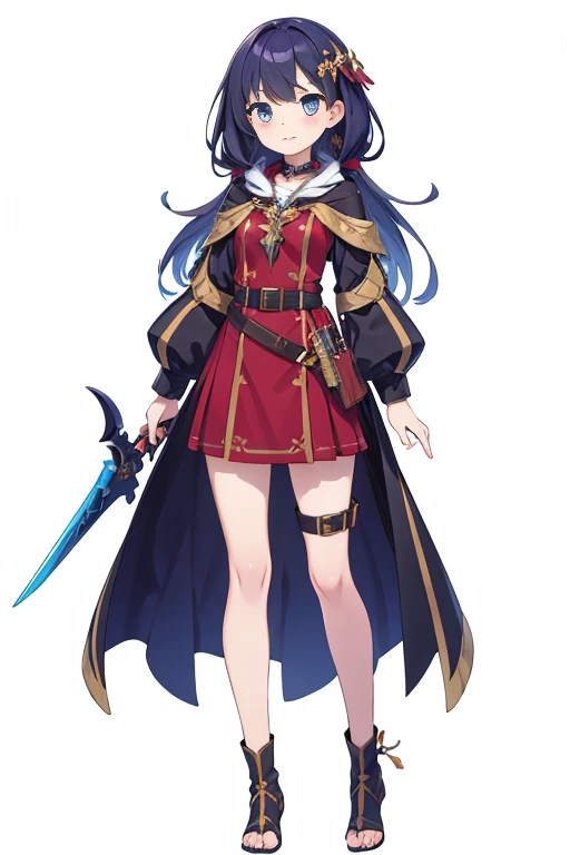 (stand posture), cute eyes, adult woman,, solo, high fantasy outfits, ((white background)), (full body), holding weapon, belt, character design,
