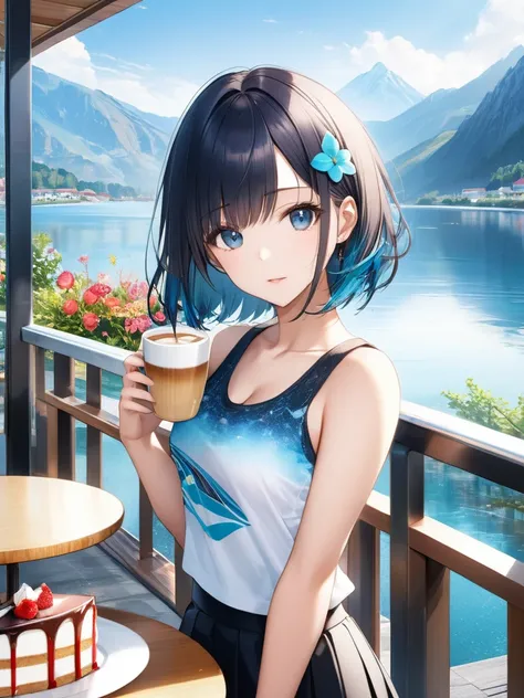 (masterpiece:1.2)), (best quality),(ultra detailed),(extremely detailed),(absolutely resolution) ,absurdres,8k, 1girl-drinking-hot-coffee-in-cafeteria-outdoor, open-terrace, beautiful-landscape-background, mountain, shinny-lake, flower, cake, 
BREAK, ultra...