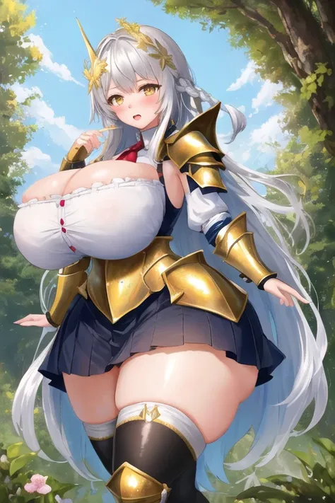 masterpiece, best quality, 4K picture quality, 1girl, forest, white hair, long hair, golden eyes, cute, blushing, horny, (silver and gold knight armor:1.2), skirt, thigh highs, (curvy, slim waist, big breasts, bursting breasts, bottomheavy, gigantic ass, i...