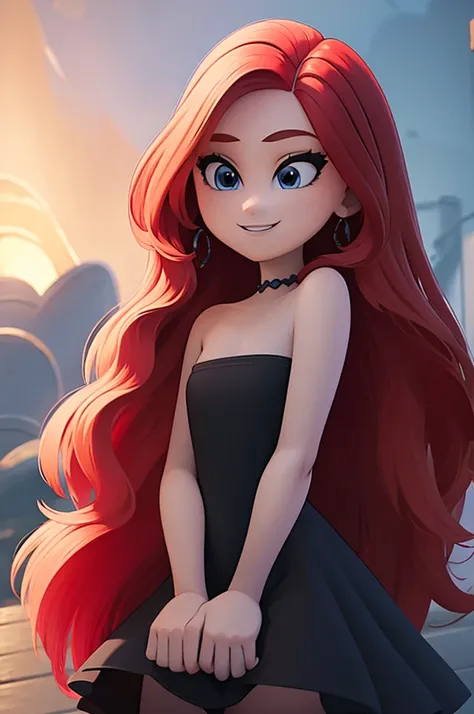 ruby, 1 girl, Teenage, Long Red hair, Medium Hair, Blue eyes, bare shoulders, little black dress, short black dress, skin-tight dress, cleavage, standing up, Smile, outside, swimming pool, sunset, sunset skies, Sexy, masterpiece, High quality. 2D illustrat...