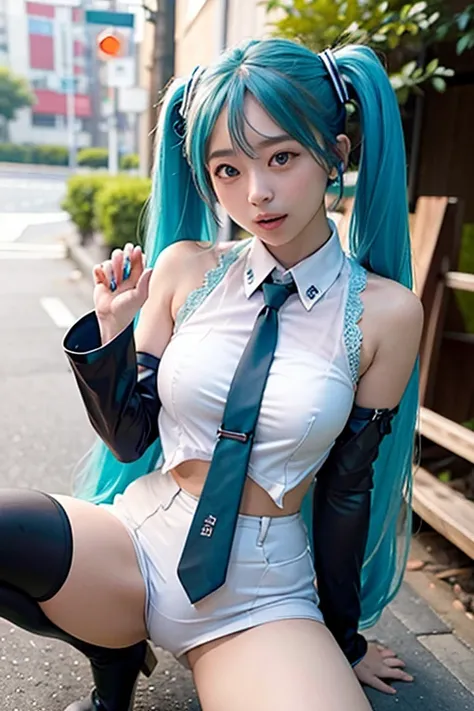 (big), squint, Drunk Eyes, Hatsune Miku, Outdoor、((Support your thighs with both hands and spread your legs:1.5))、