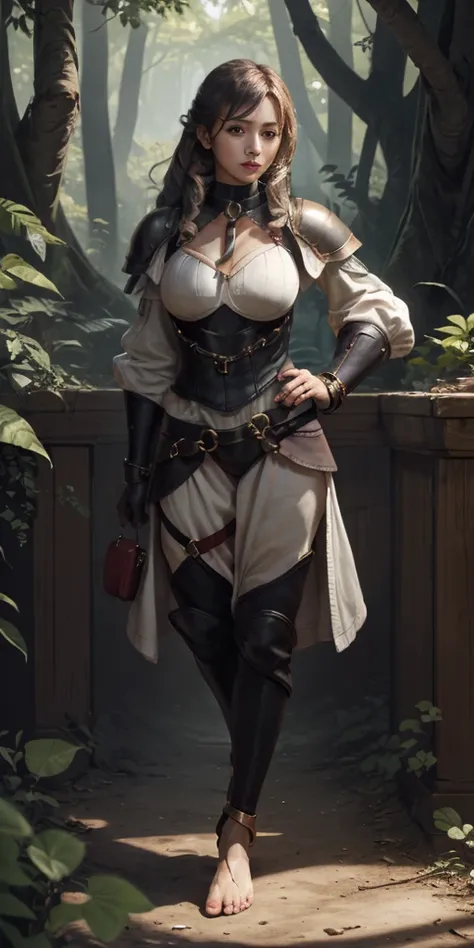 (Forest:Face:LORA) full body, barefoot, solo, female, big breast, linen tunic, fantasy village, armor, Handcuffs on their hands with a collar around the neck, hands on hips, slave ((black choker, shackles on legs and arms))