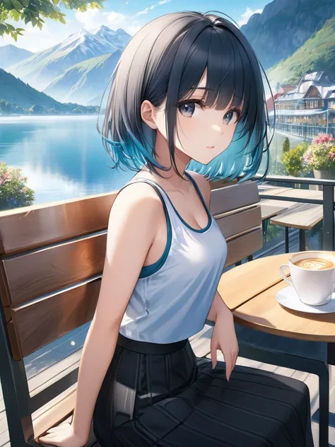 (masterpiece:1.2)), (best quality),(ultra detailed),(extremely detailed),(absolutely resolution) ,absurdres,8k, 1girl-drinking-hot-coffee-in-cafeteria-outdoor,sitting-on-the-woody-chair, open-terrace, beautiful-landscape-background, mountain, shinny-lake, ...