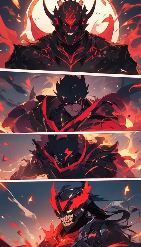 About Energy Man、Dark supervillain、Shapeshifter、Shapeshifter、Epic animation of superheroes、《Devil God》、、《god of demons》、、《god of demons》、《Dark God》，《Violent Skeleton Knight Armadura Negra》，Red eyes，Red tattoo on the face，Black hair，douchebag，Bad Guy，