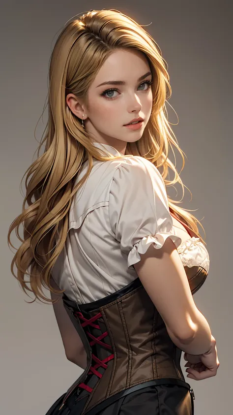 One girl, alone, View your viewers, Blonde long hair, Wearing a corset, Big Ass, Brown eyes, Upper Body, Gray background, Normal , lips, Realistic, a konigsreuter