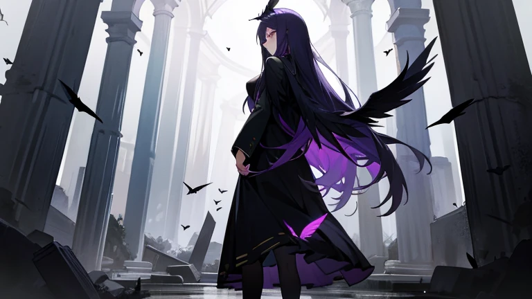 Dark purple long hair，Black angel wings，Standing on the ruins,There are black butterflies around