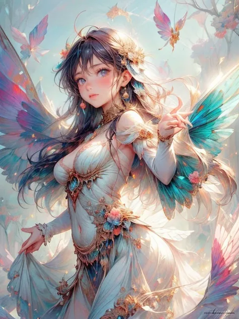 view from front below, (flapping wings pose), (masterpiece:1.2, 16k, best quality, vibrant colors:1.2, ultra-detaile:1.2, photorealistic:1.37),soft light, 1girl with beautiful delicate butterfly wings(big wings,sparkling rainbow wings),beautiful delicate (...