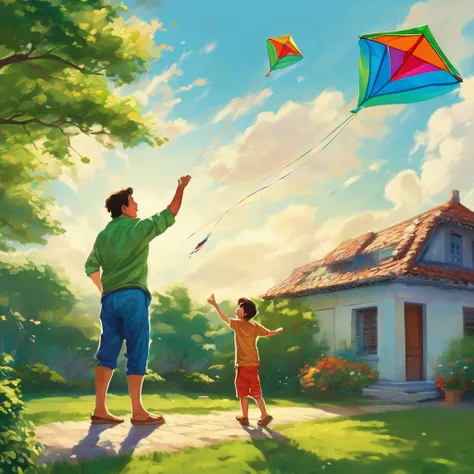 a father and young son,flying a kite,standing on the roof of their house,beautiful sunny day,green garden below,gentle breeze,joyful expressions on their faces,vibrant colors,realistic lighting,high resolution,strong bond between father and son,happy child...